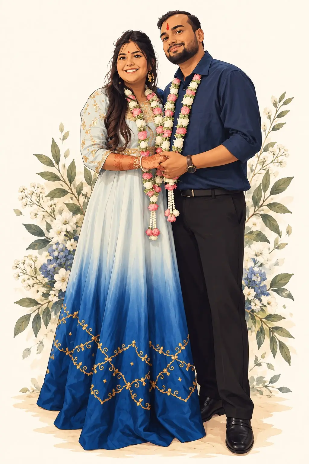 Rhythm and Tushar in a painted portrait, garlanded, standing together among white blossoms