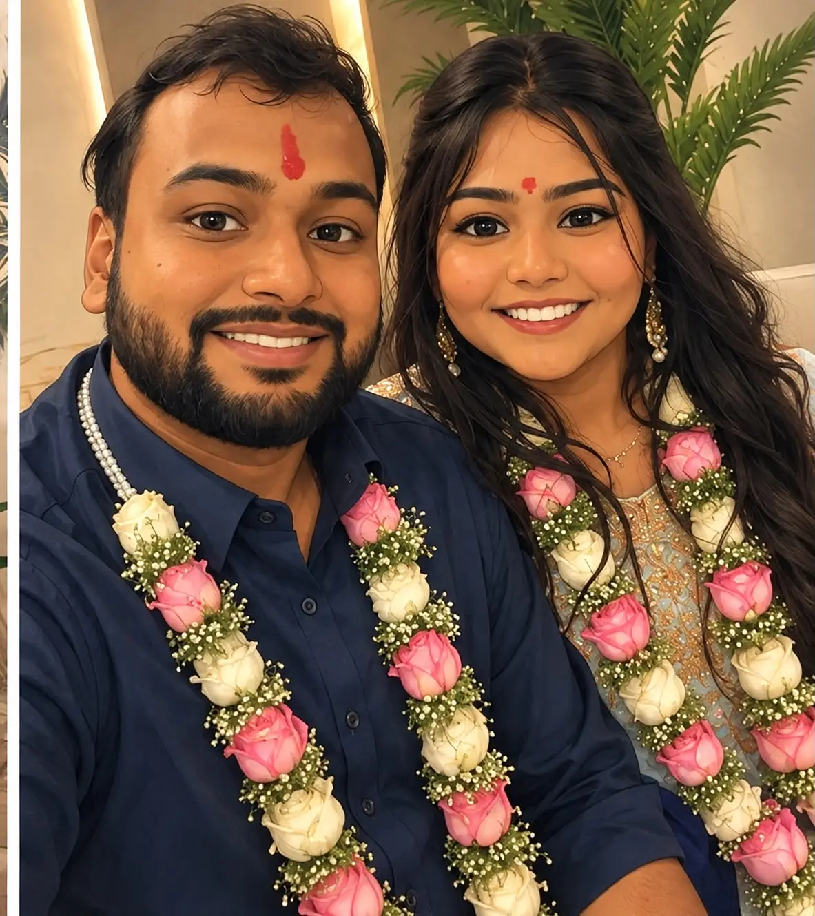 Rhythm and Tushar close together in rose and jasmine garlands, both smiling